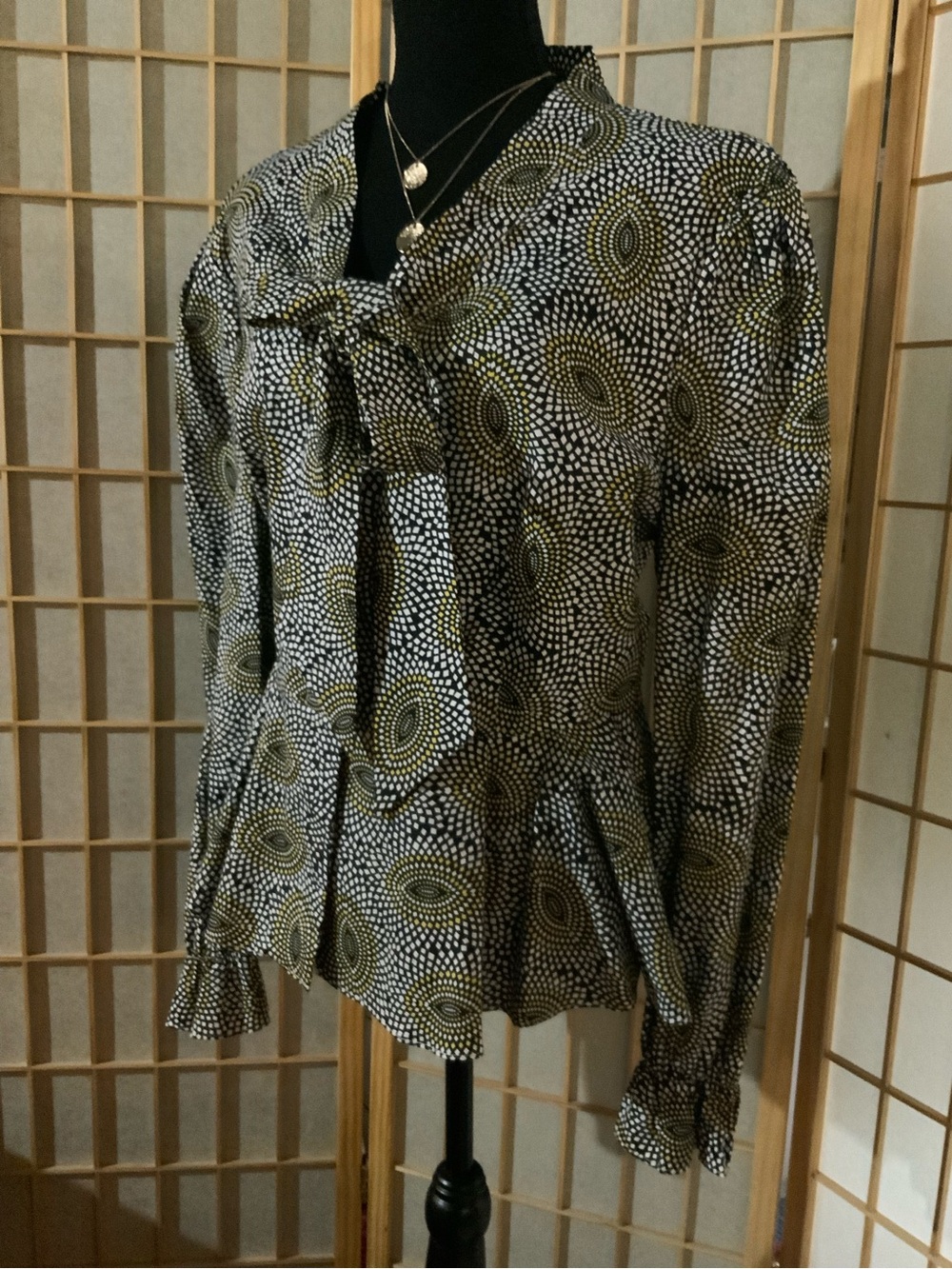 Ashro Black Bow-Tie Blouse with Yellow and White Dot Medallions
